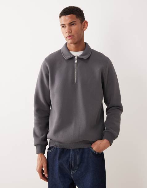 ASOS DESIGN quarter zip sweatshirt with collar in charcoal - view 1