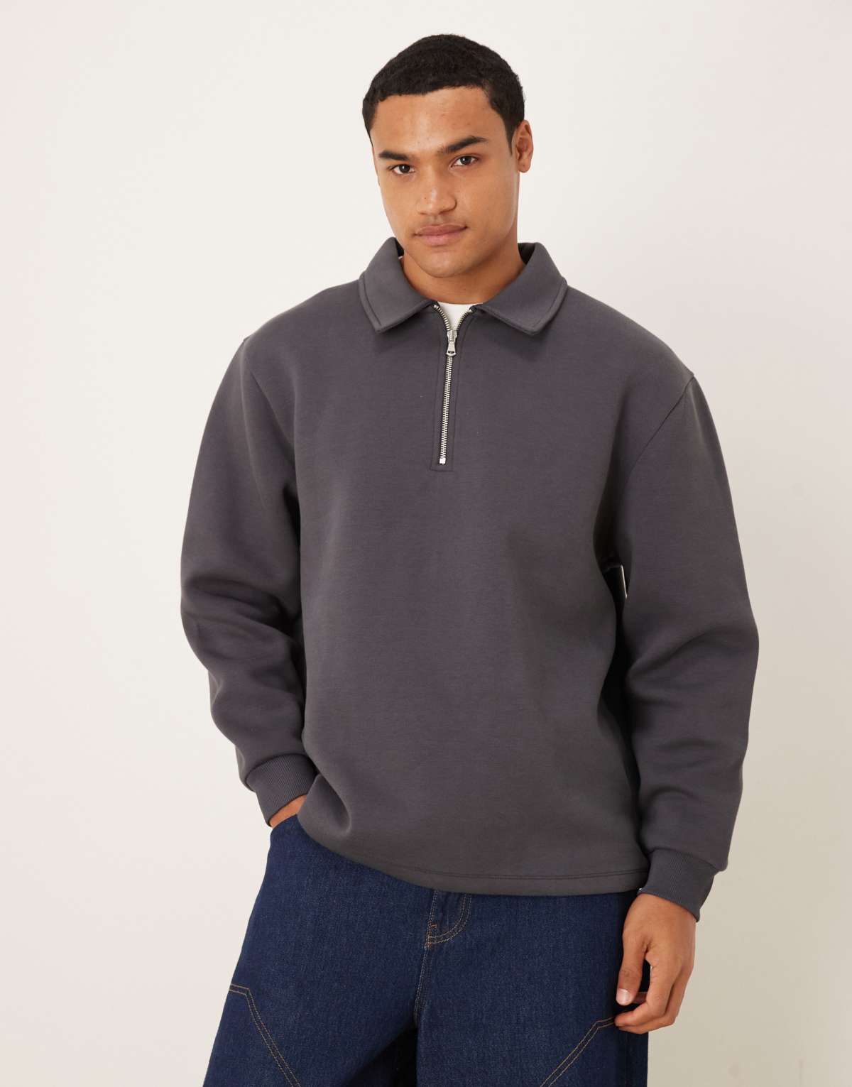 ASOS DESIGN quarter zip sweatshirt with collar in scuba-style fabric in charcoal