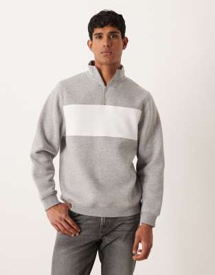 Asos Design Quarter Zip Sweatshirt With Color Blocking In Gray