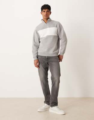 Asos Design Quarter Zip Sweatshirt With Color Blocking In Gray