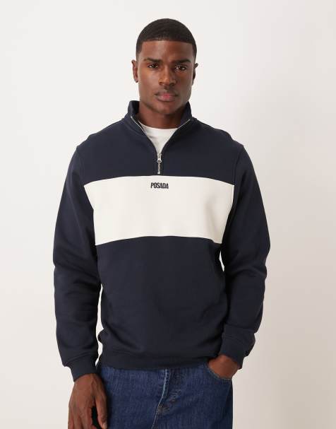 ASOS DESIGN quarter zip sweatshirt with colour blocking and print in navy - view 1