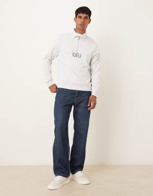 Asos Design Quarter Zip Sweatshirt With Print In Gray
