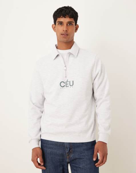 ASOS DESIGN quarter zip sweatshirt with print in grey marl scuba-style fabric - view 1