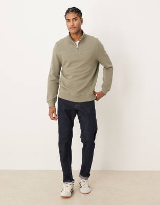 Asos Design Quarter Zip Sweatshirt With Ribbed Collar In Green