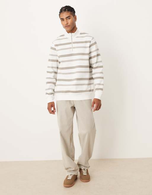ASOS DESIGN quarter zip sweatshirt with stripes in ecru, 2 of 5