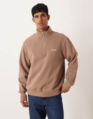 Asos Design Quarter Zip Sweatshirt With Text Chest Print In Brown