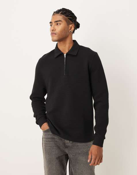 ASOS DESIGN quarter zip with ribbed collar in black - view 1