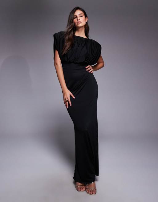 ASOS DESIGN quaterback shoulder maxi dress with exposed corset