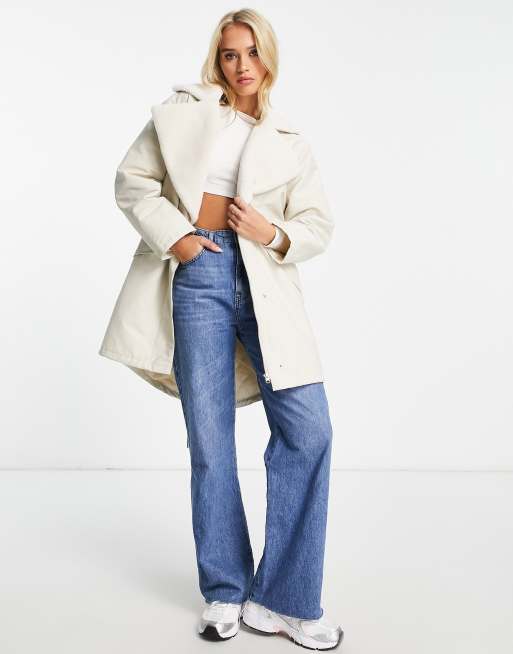 ASOS DESIGN quilt lined parka coat with borg collar in cream | ASOS