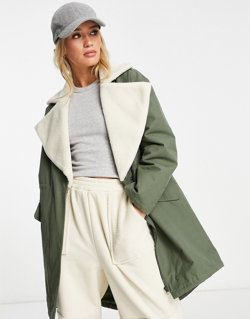 ASOS DESIGN quilt lined parka coat with borg collar in olive-Green