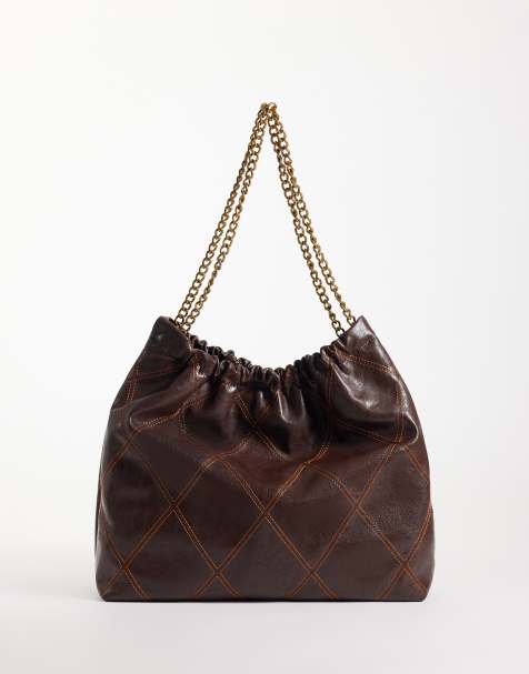 ASOS DESIGN quiltad toteväska med kedjehandtag i chokladbrun - view 1