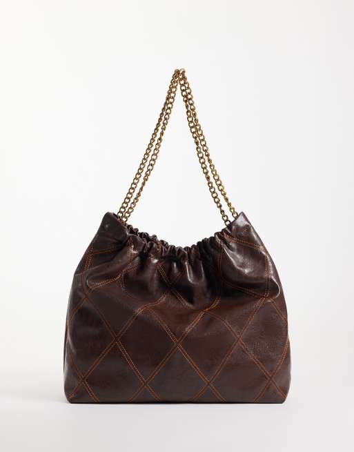 ASOS DESIGN quiltad toteväska med kedjehandtag i chokladbrun, 1 av 4