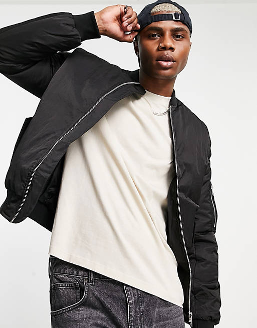 ASOS DESIGN quilted bomber jacket with MA1 pocket in black