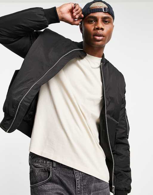 ASOS DESIGN quilted bomber jacket with MA1 pocket in black | ASOS