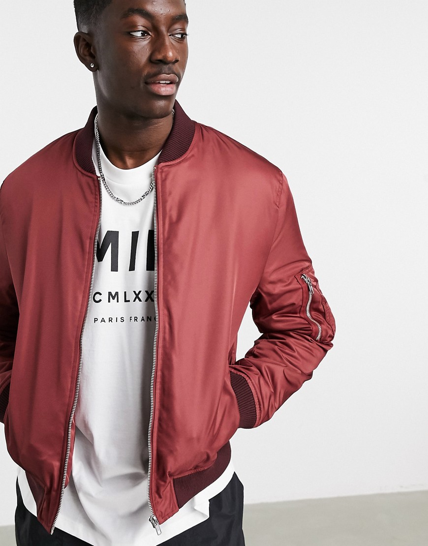ASOS DESIGN quilted bomber jacket with MA1 pocket in burgundy-Red