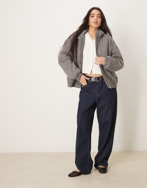 ASOS DESIGN quilted bomber with yoke detail in washed gray