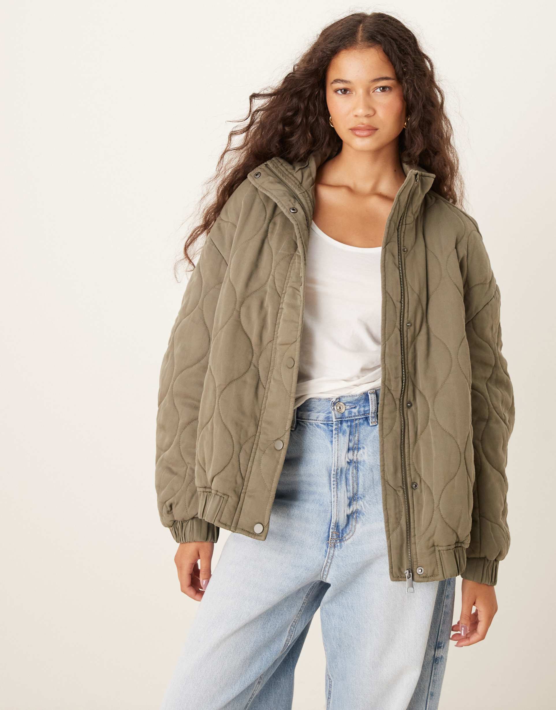 asos design quilted bomber with yoke detail in olive
