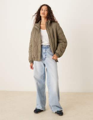 Asos Design Quilted Bomber With Yoke Detail In Green
