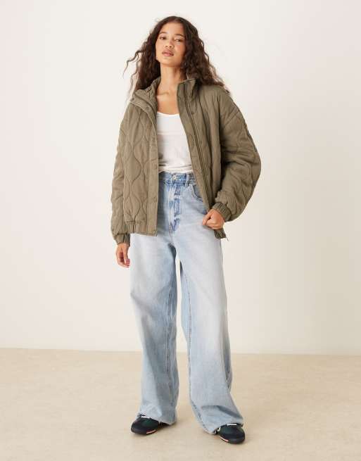 ASOS DESIGN quilted bomber jacket with yoke detail in olive