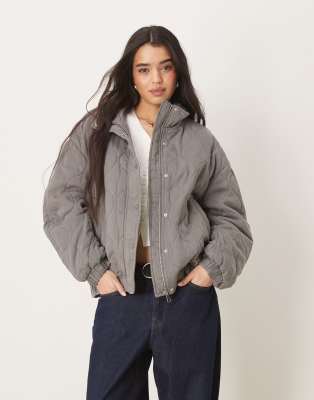 Asos Design Quilted Bomber With Yoke Detail In Gray