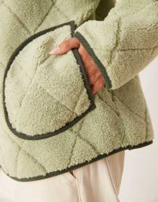 Asos Design Quilted Borg Button Up With Hood In Green