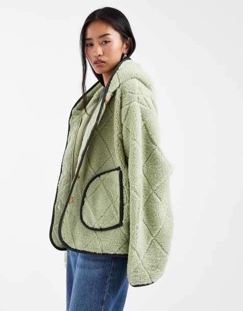 ASOS DESIGN quilted borg fleece button through with hood in green with dark green binding - view 1