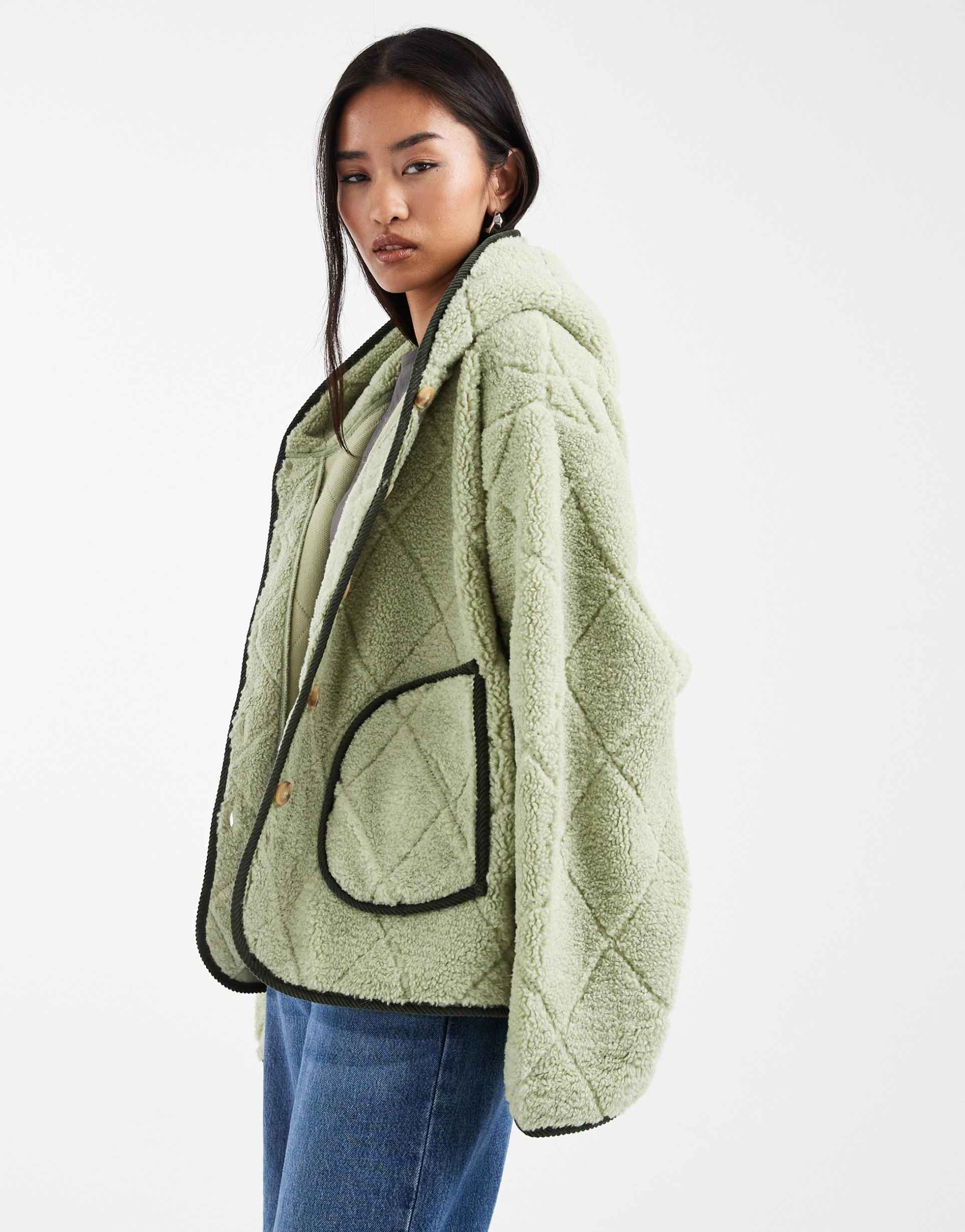 asos design quilted borg fleece button up with hood in green with dark green binding