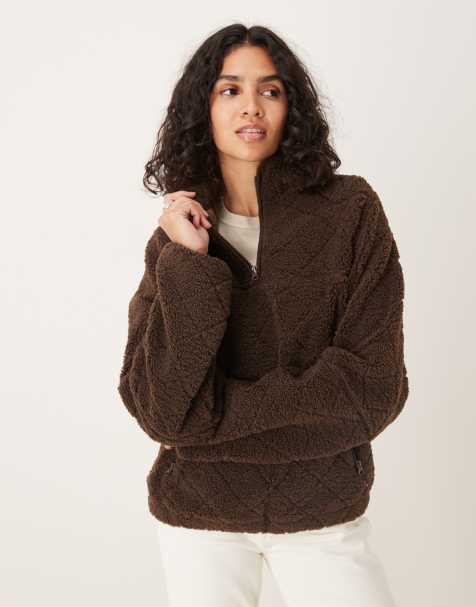 ASOS DESIGN quilted borg half zip through fleece in chocolate brown - view 1