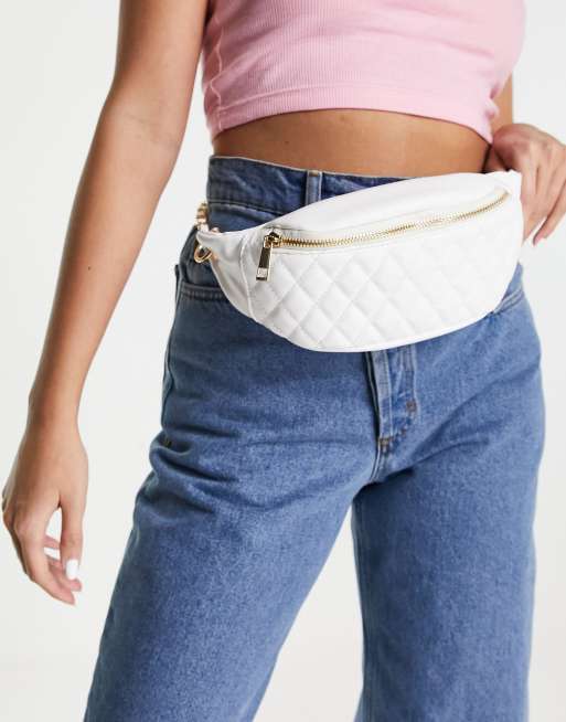 ASOS DESIGN quilted chain detail bum bag in white