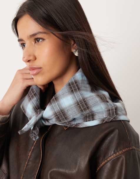 ASOS DESIGN quilted check pattern triangle scarf in blue and chocolate brown - view 1