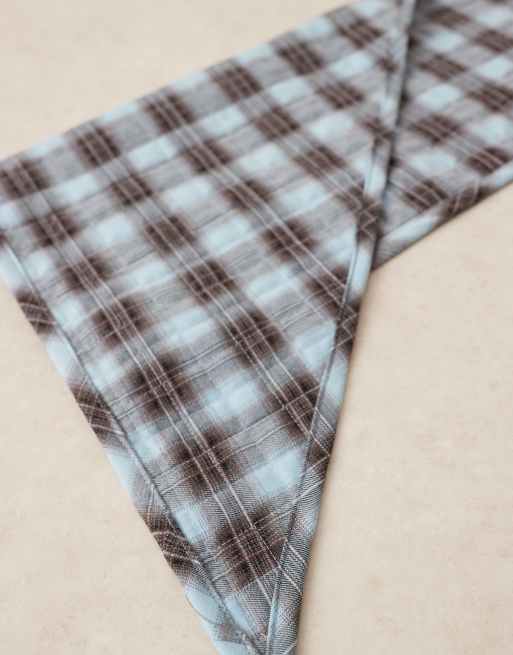 ASOS DESIGN quilted check pattern triangle scarf in blue and chocolate brown, 2 of 3