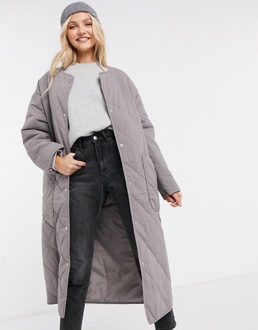 ASOS DESIGN quilted coat in soft grey