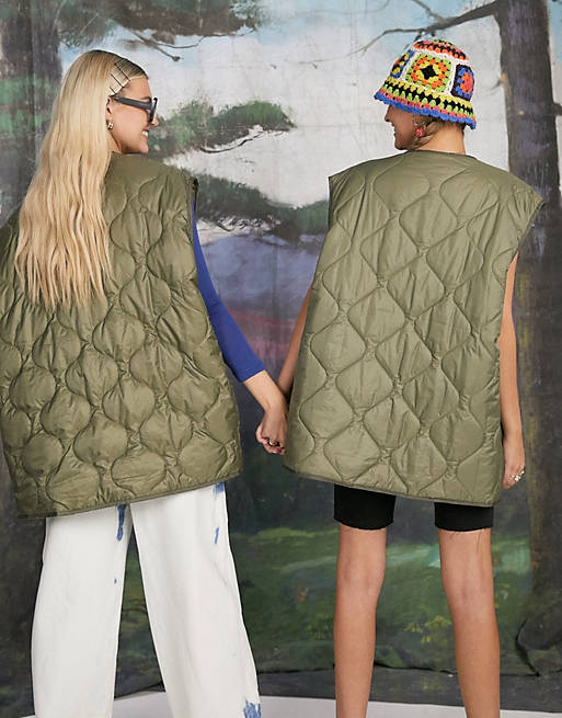 Coats & Jackets quilted collarless gilet in olive 