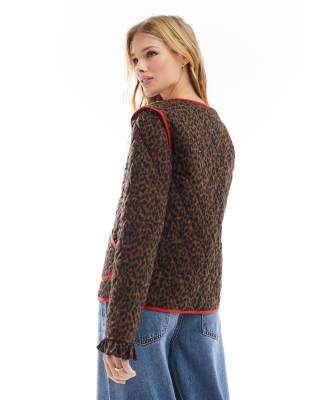 ASOS DESIGN quilted contrast piping jacket in leopard print