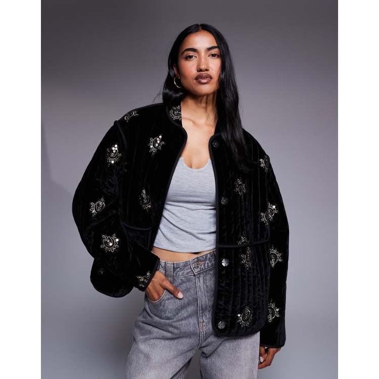 ASOS DESIGN quilted embroidered velvet jacket in black | ASOS