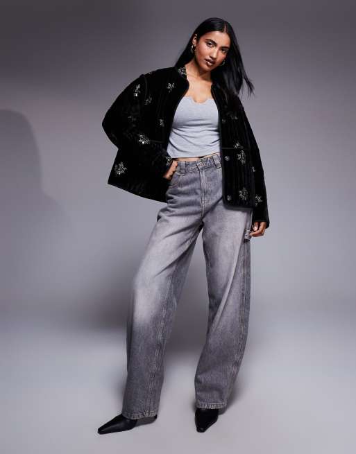 ASOS DESIGN quilted embroidered velvet jacket in black