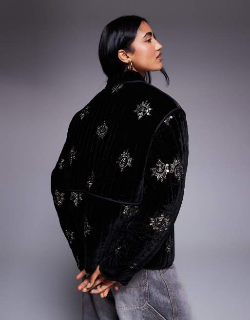 ASOS DESIGN quilted embroidered velvet jacket in black