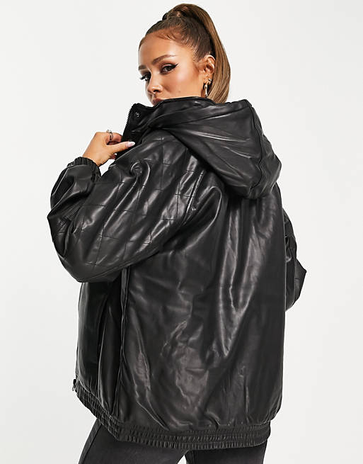  quilted faux leather bomber jacket in black 