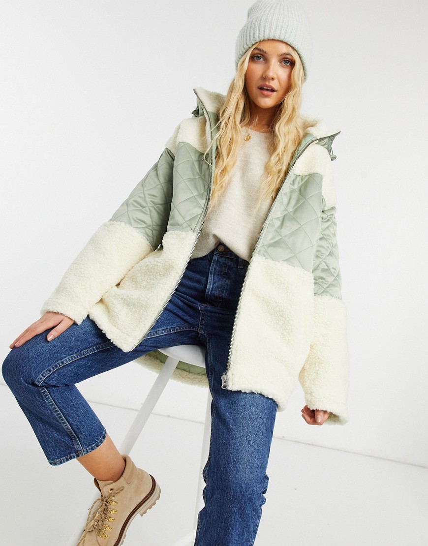 ASOS DESIGN quilted fleece puffer jacket in sage and cream-Green