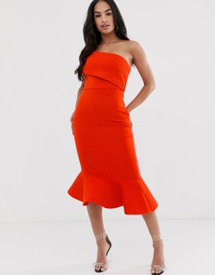 asos design bandeau midi dress with ruffle pep hem