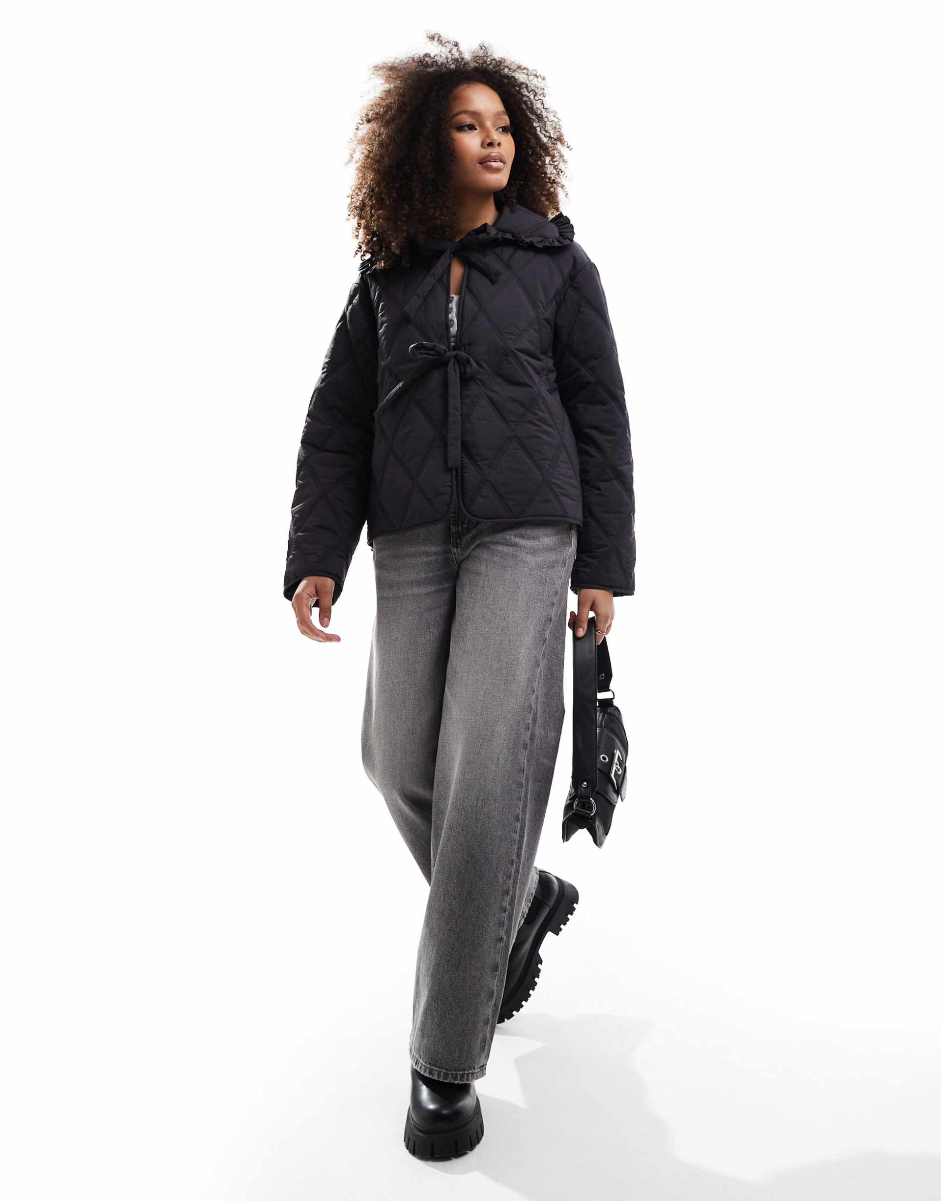 asos design quilted frill collar jacket with tie front in black