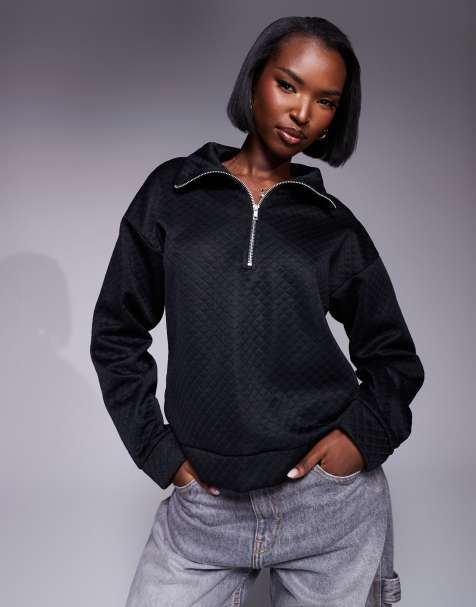 ASOS DESIGN quilted half zip sweat in black - view 1