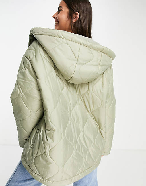 Coats & Jackets quilted hooded jacket with borg lining in khaki 