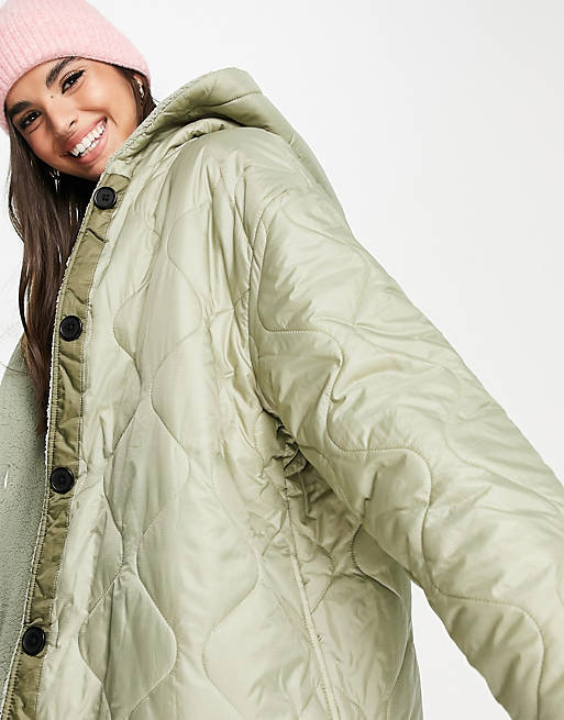 Coats & Jackets quilted hooded jacket with borg lining in khaki 