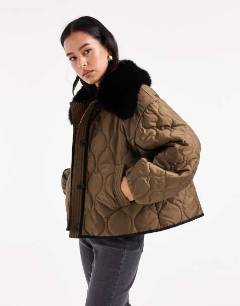 ASOS DESIGN quilted hybrid borg collarless jacket in khaki - view 1