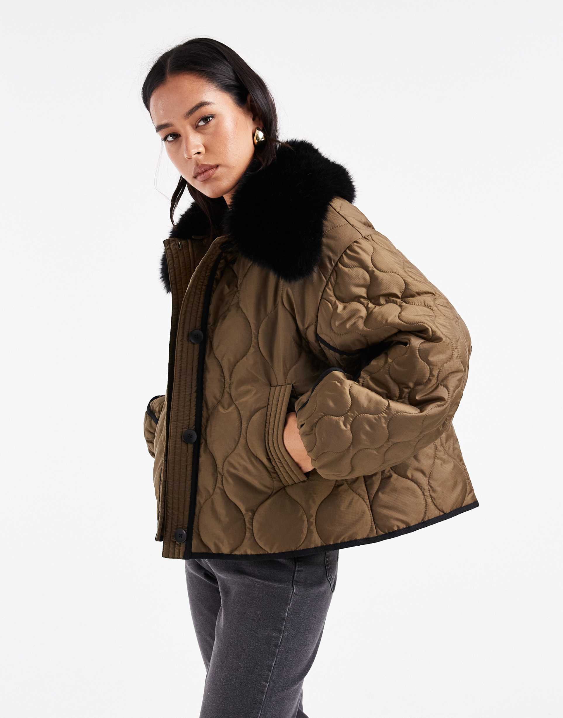 asos design quilted hybrid borg collarless jacket in khaki