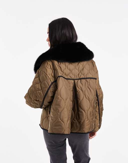 ASOS DESIGN quilted hybrid borg collarless jacket in khaki