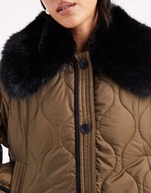 ASOS DESIGN quilted hybrid borg collarless jacket in khaki