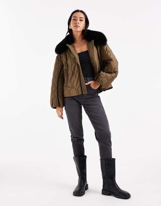 ASOS DESIGN quilted hybrid borg collarless jacket in khaki