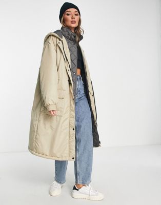 ASOS DESIGN quilted hybrid parka coat in stone - ASOS Price Checker